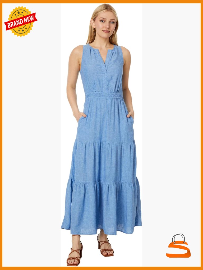 Fit & Flare Maxi Dress Sleeveless Linen Blend Pull On Split Neck